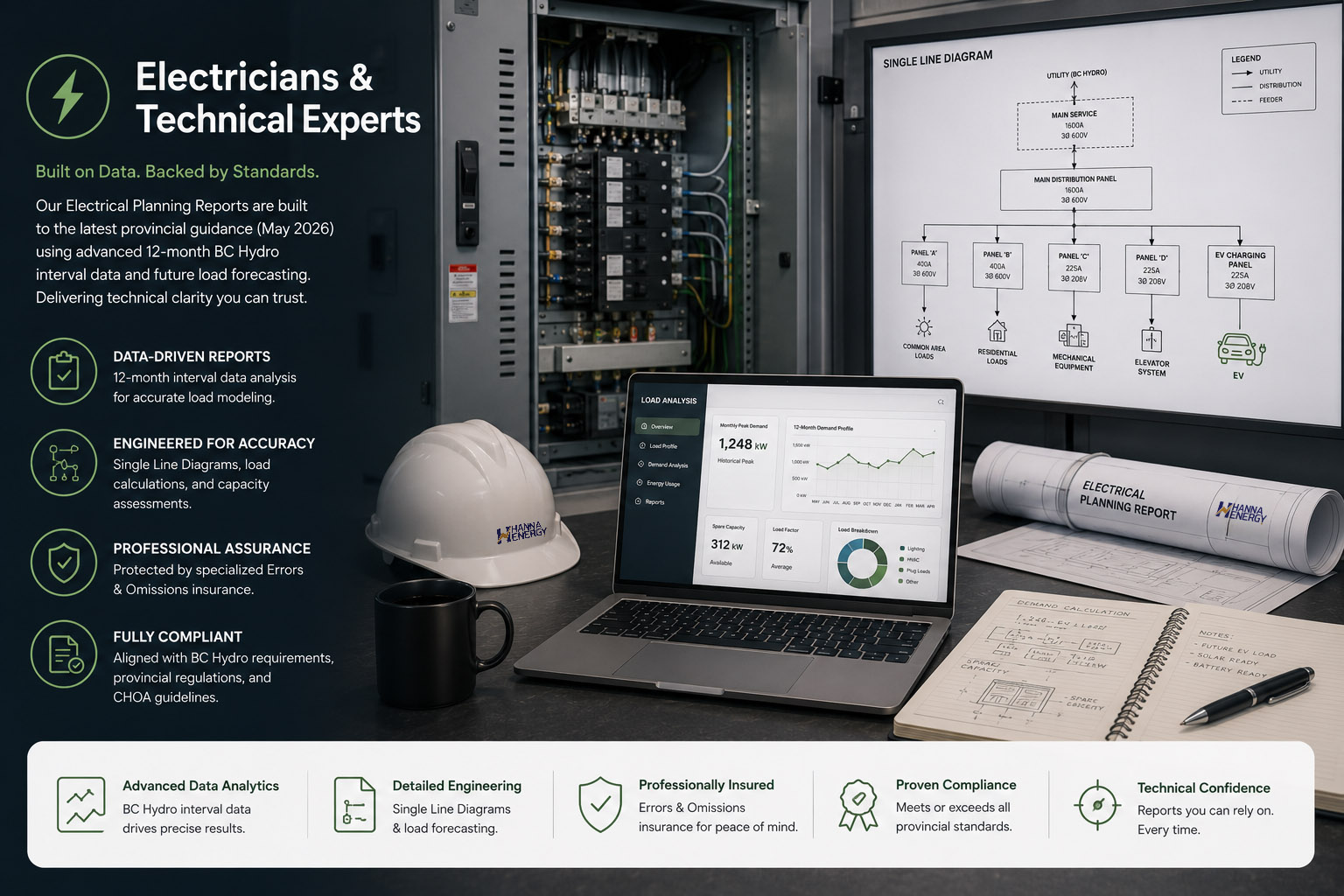 Review our data standards We strictly follow the May 2026 provincial guidance updates Our reports are built on advanced 12 month BC Hydro interval data modeling and complex future load forecasting, completely backed by specialized professional Errors and Omissions consulting insurance